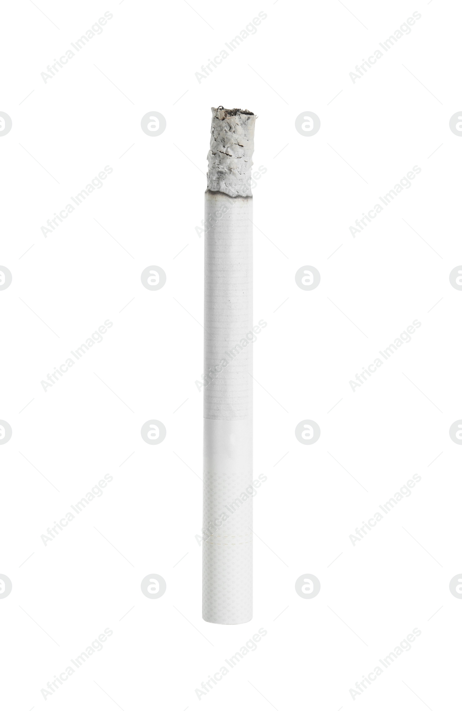 Photo of Cigarette with filter smoldering on white background