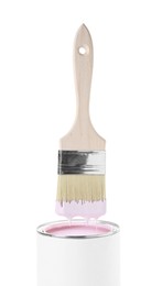 Brush with pink paint over can isolated on white