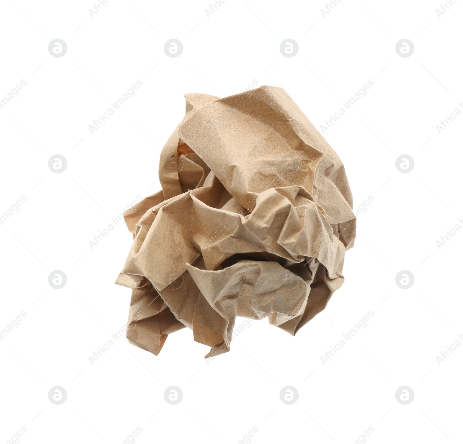 Photo of Crumpled sheet of kraft paper isolated on white, top view