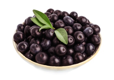 Photo of Ceramic plate with fresh acai berries on white background