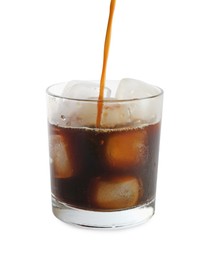 Photo of Pouring coffee into glass of ice cubes on white background