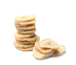 Sweet banana slices on white background. Dried fruit as healthy snack