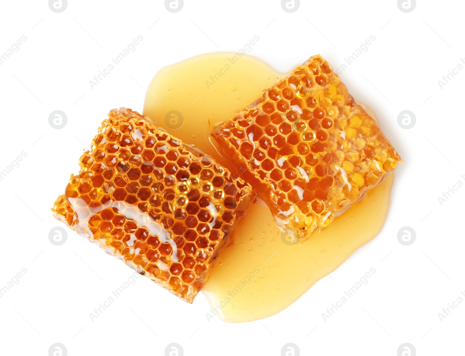 Photo of Fresh honeycombs on white background, top view