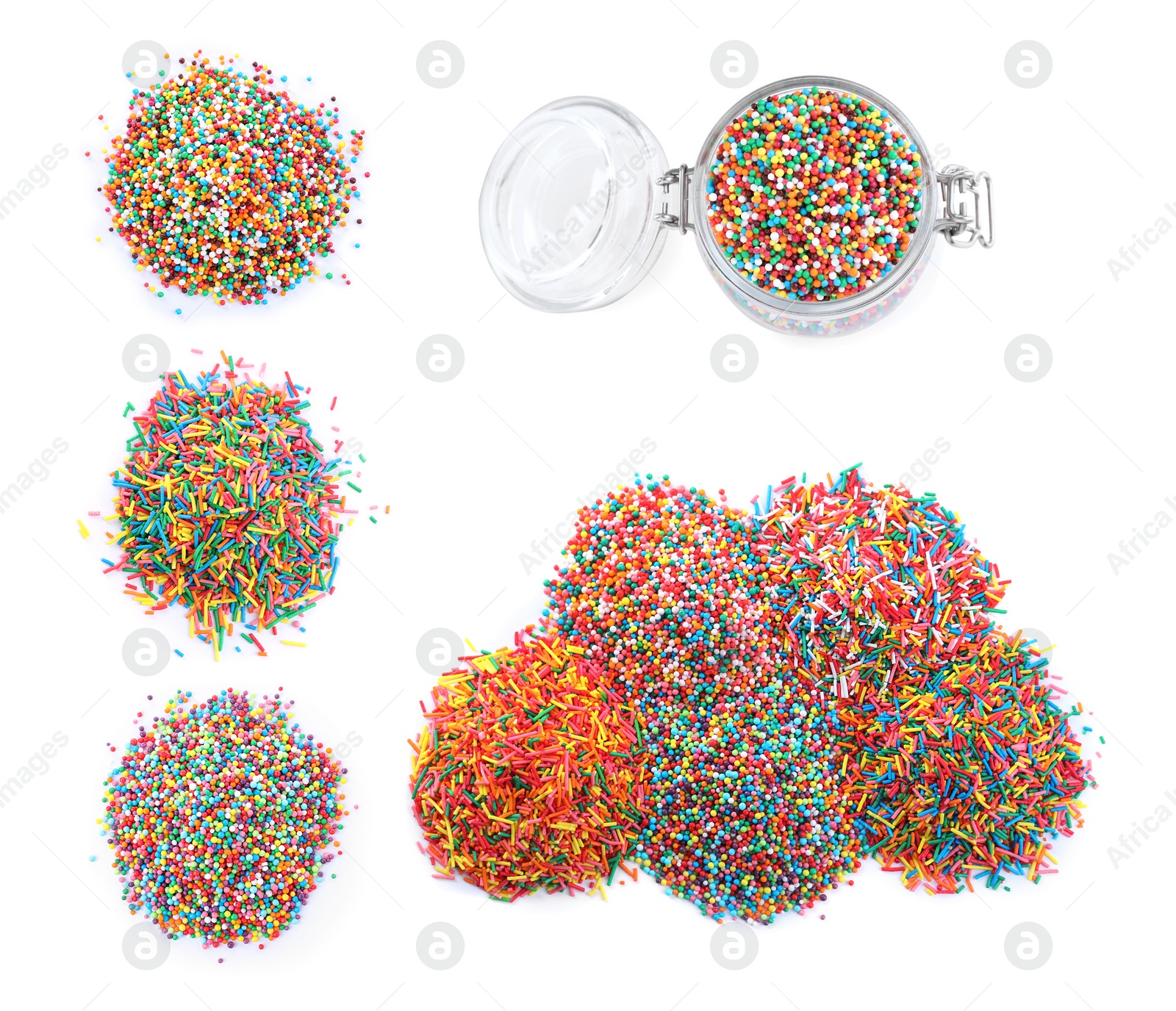 Image of Set with colorful sprinkles on white background, top view. Confectionery decor