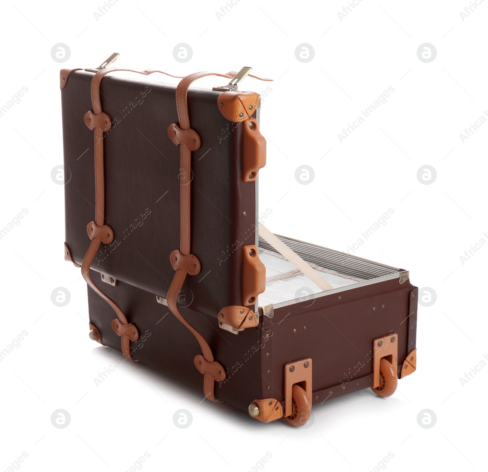 Photo of Open suitcase for travelling on white background