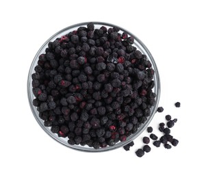 Photo of Freeze dried blueberries in bowl on white background, top view