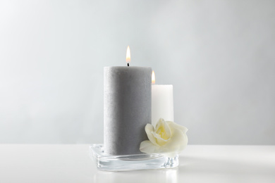 Photo of Wax candles and flower in glass holder on table against light background