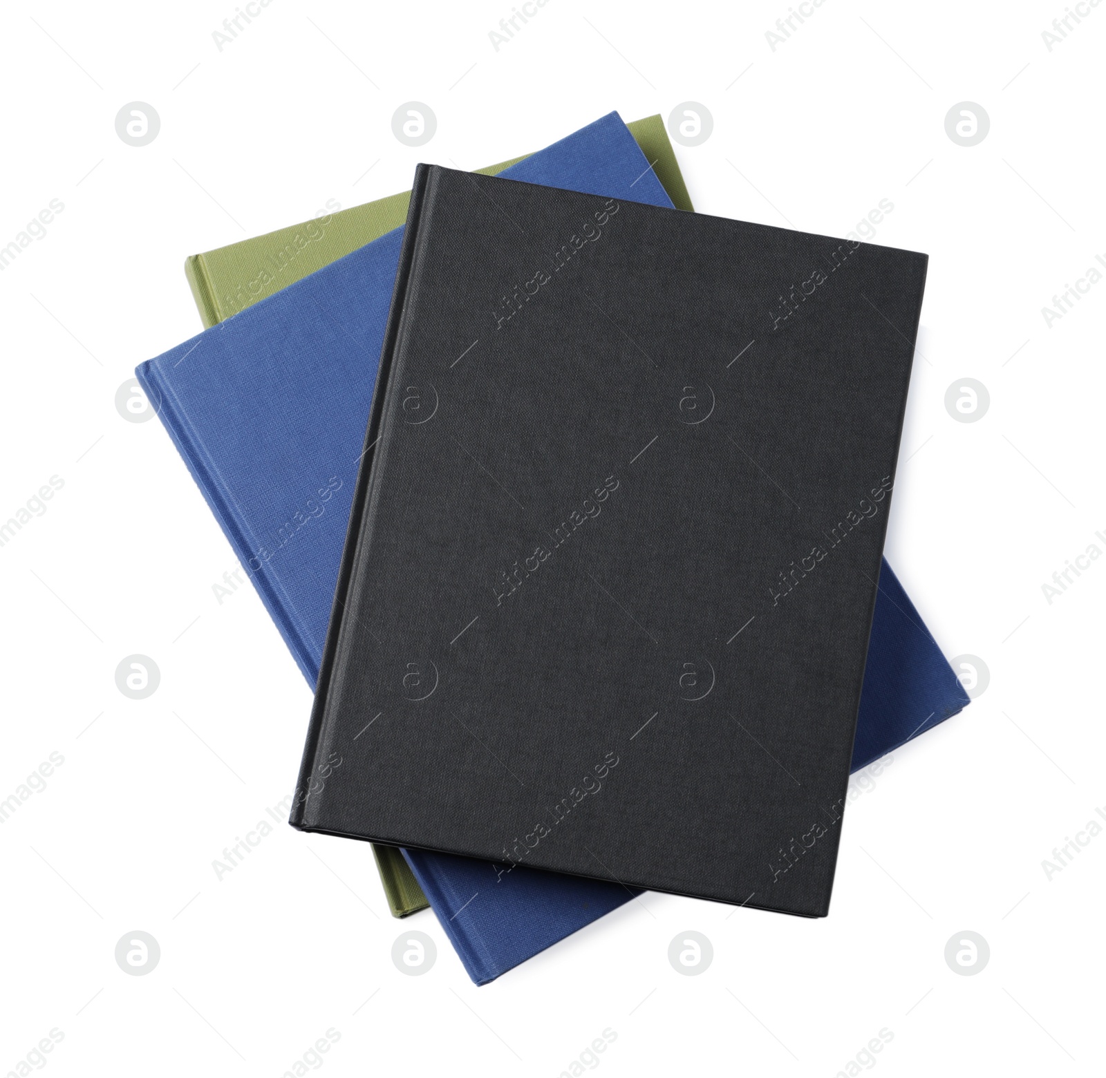 Photo of Stack of hardcover books isolated on white, top view