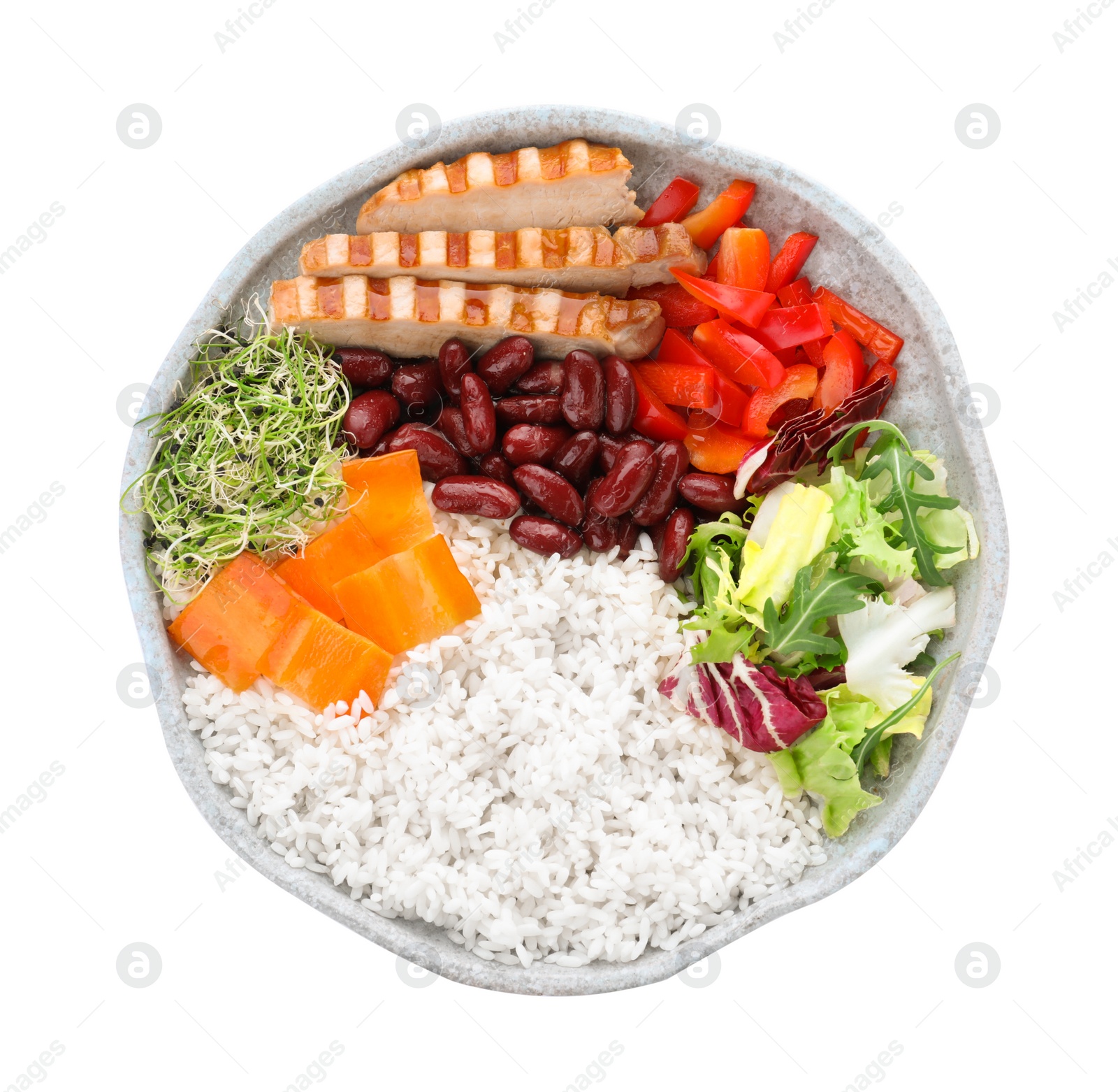 Photo of Tasty rice with beans, vegetables and meat isolated on white, top view