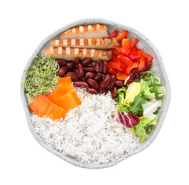 Photo of Tasty rice with beans, vegetables and meat isolated on white, top view