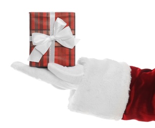 Photo of Santa Claus holding Christmas gift  on white background, closeup of hand