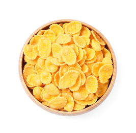 Bowl of tasty corn flakes on white background, top view