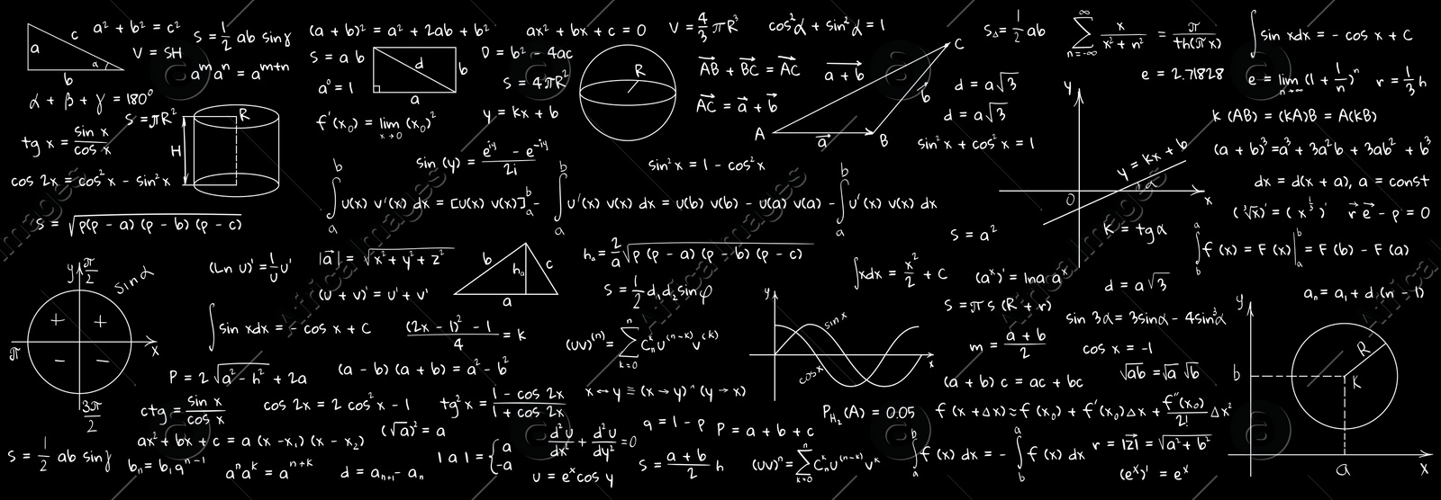 Image of Many different math formulas written on blackboard. Algebra and Geometry