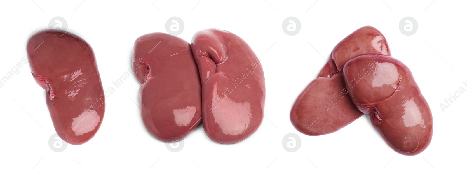 Image of Set with fresh raw kidneys on white background, top view. Banner design