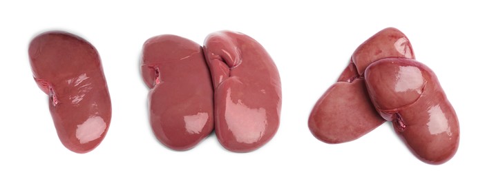 Image of Set with fresh raw kidneys on white background, top view. Banner design