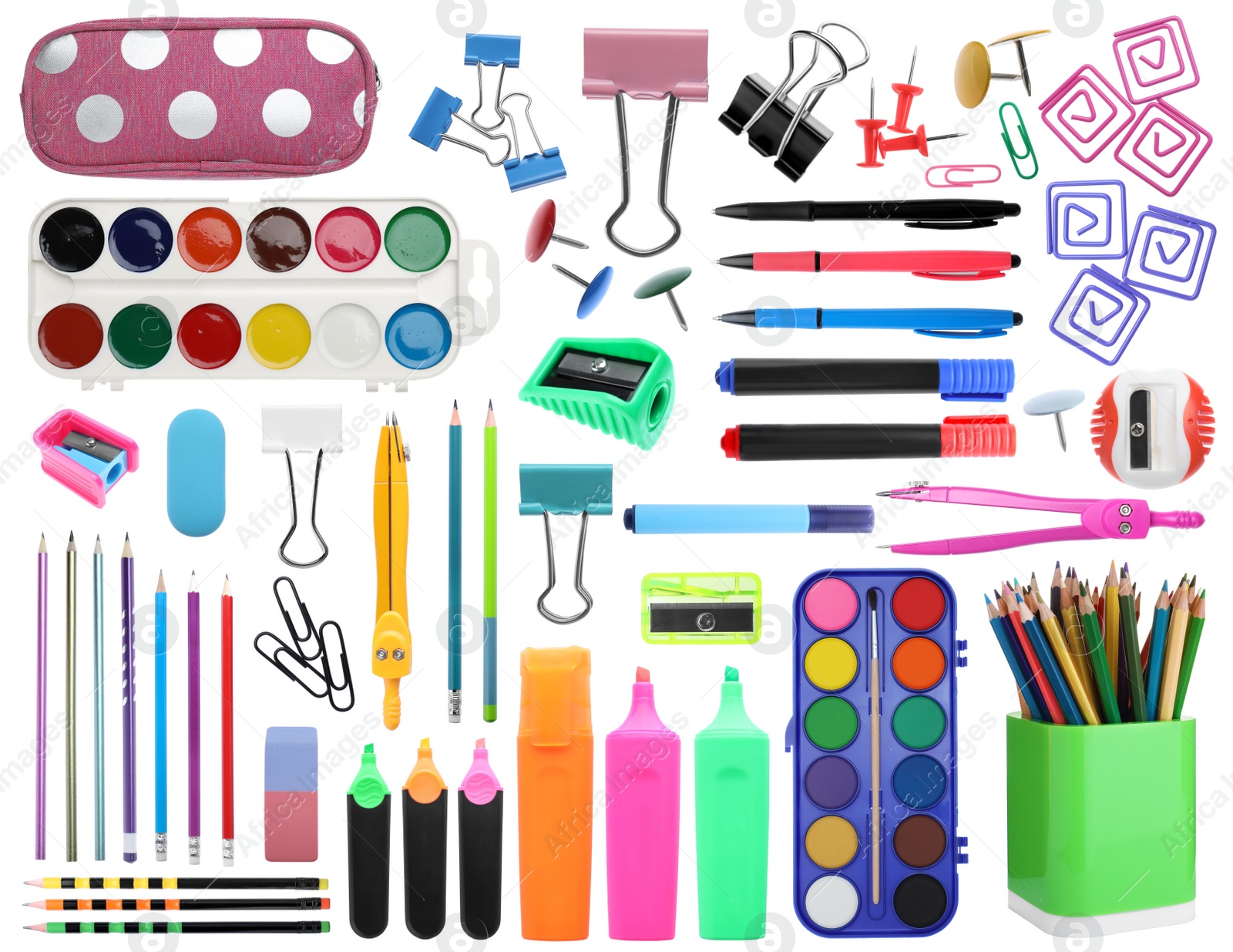 Image of Set of bright school stationery on white background