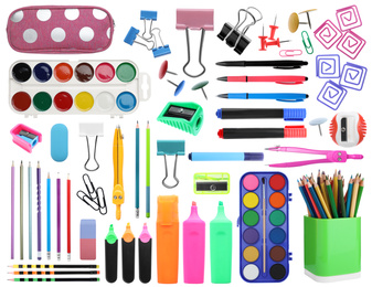 Set of bright school stationery on white background