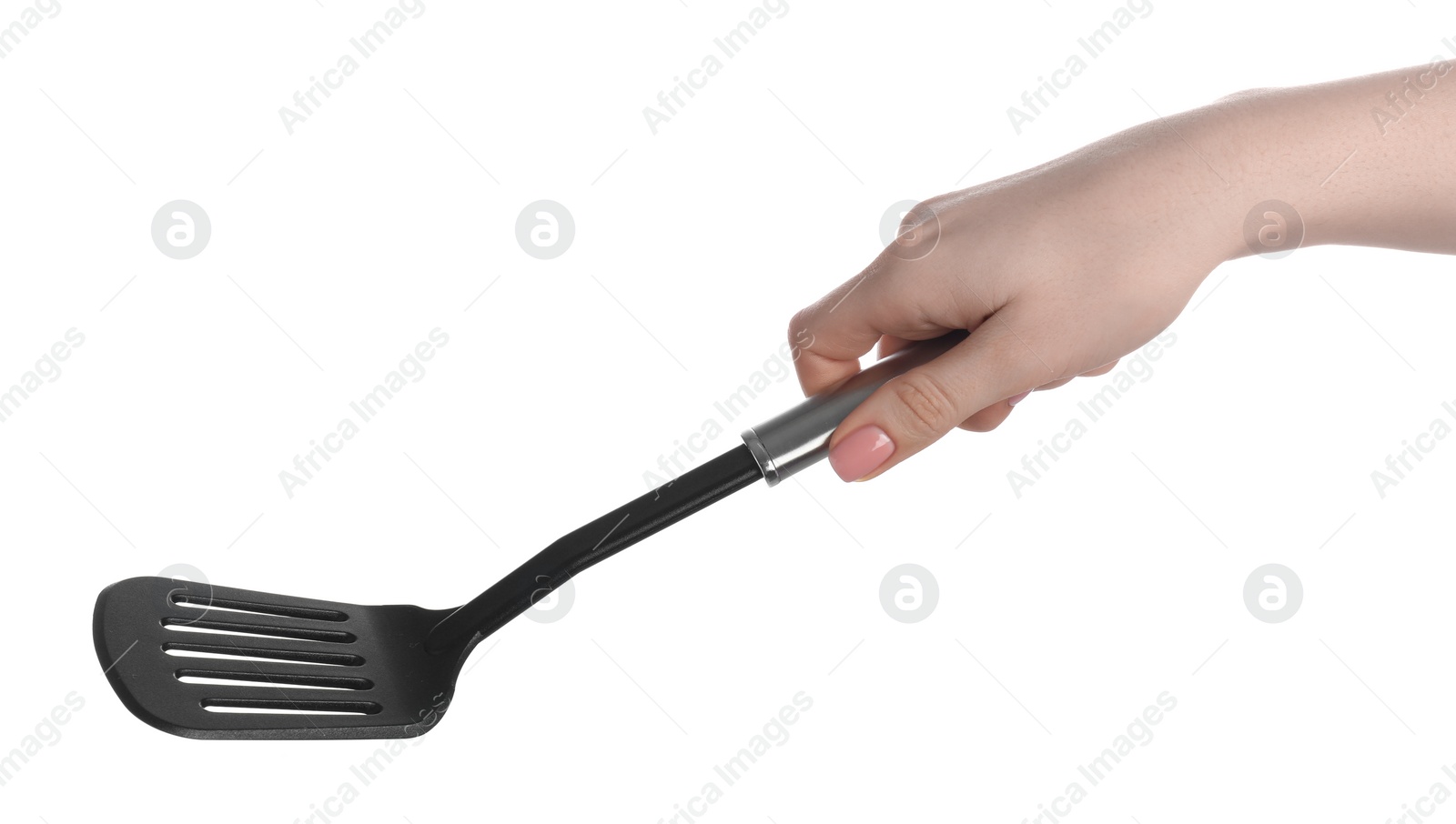 Photo of Woman with black spatula on white background, closeup