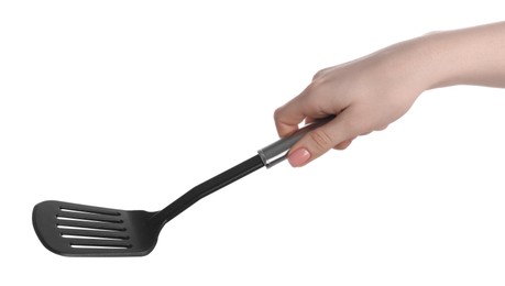 Photo of Woman with black spatula on white background, closeup