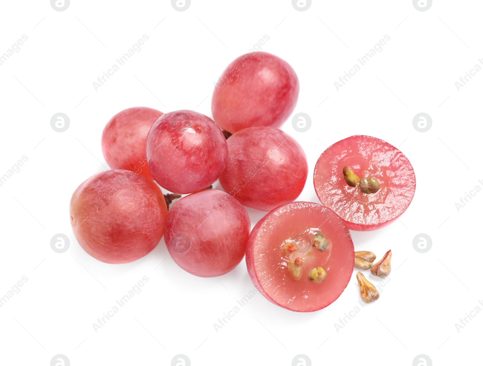 Photo of Organic fresh grapes with seeds on white background, top view. Natural essential oil ingredient