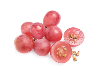 Photo of Organic fresh grapes with seeds on white background, top view. Natural essential oil ingredient