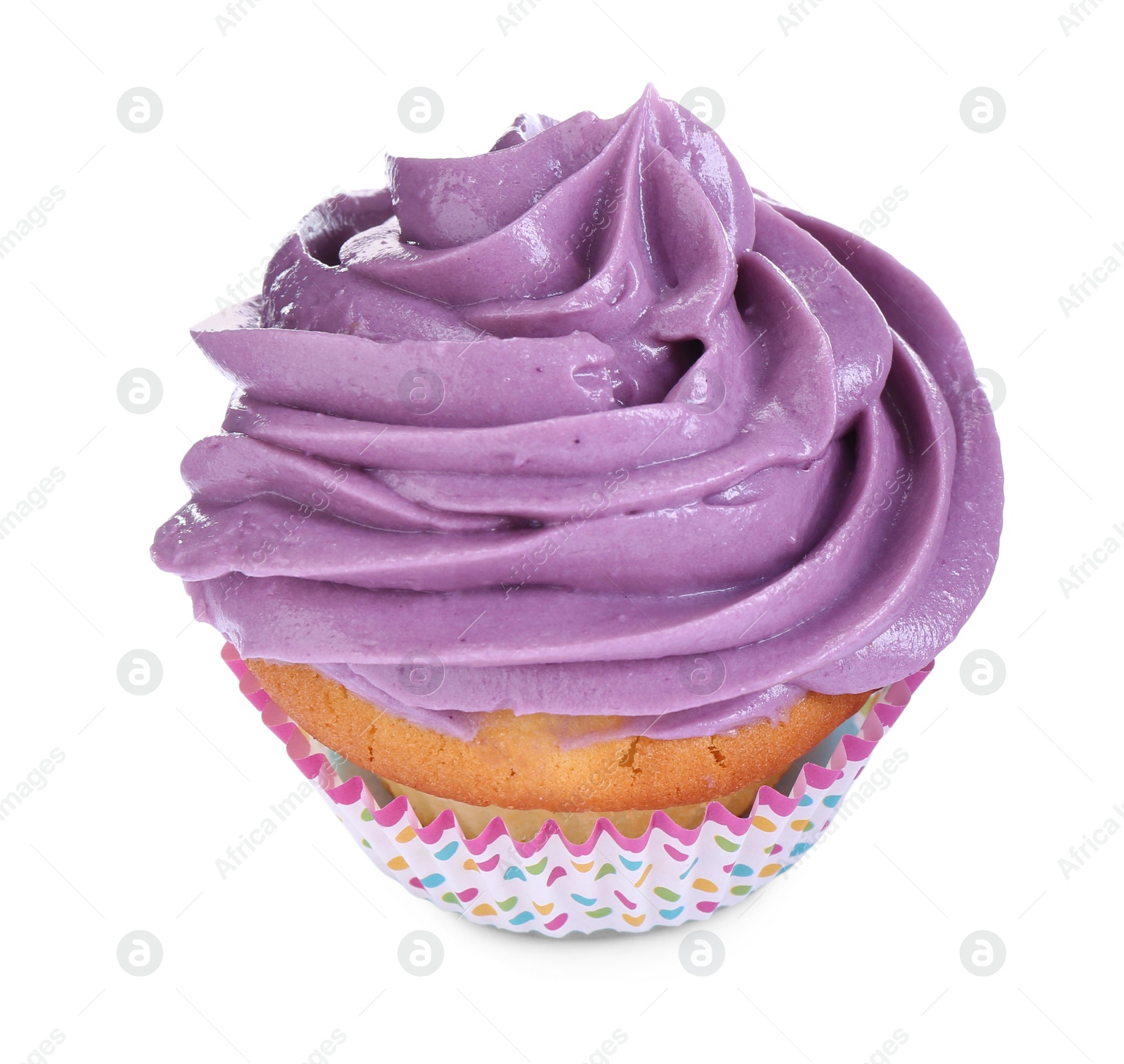 Photo of Delicious cupcake with purple cream isolated on white