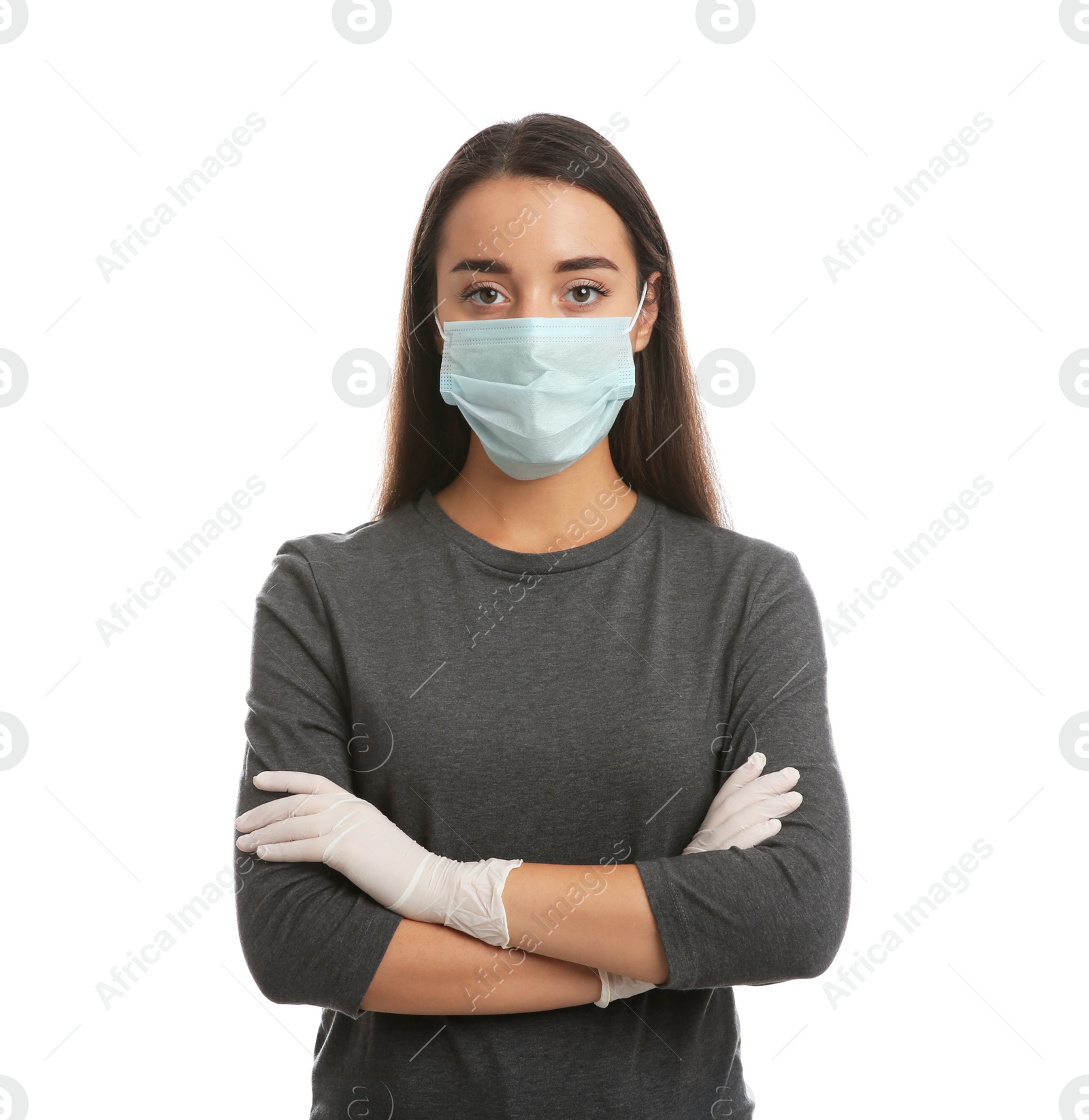 Photo of Woman wearing protective face mask and medical gloves on white background