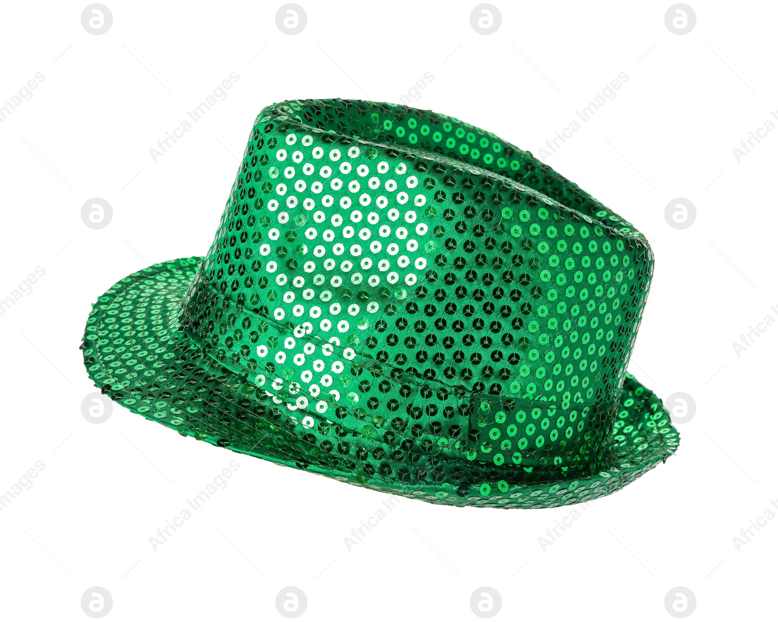 Photo of Green sequin hat isolated on white. Saint Patrick's Day accessory