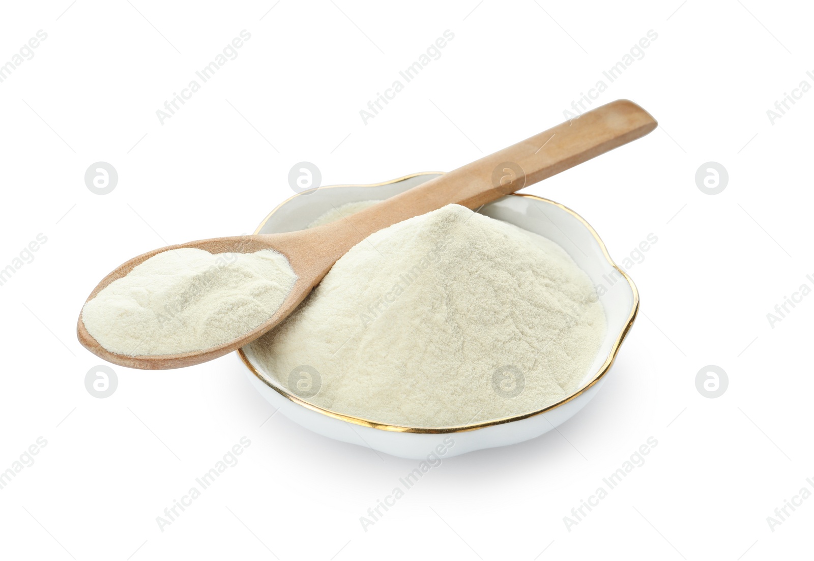 Photo of Bowl and spoon of agar-agar powder isolated on white