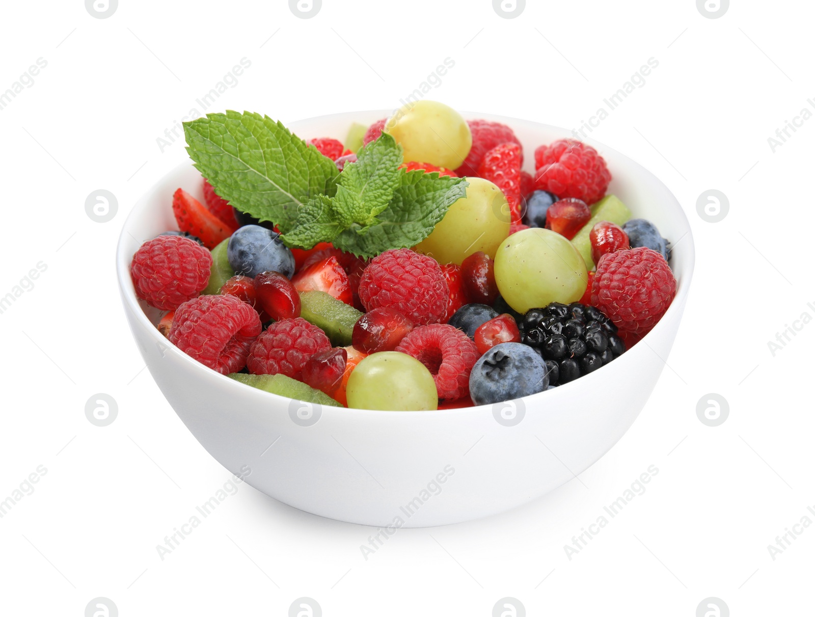 Photo of Fresh tasty fruit salad on white background