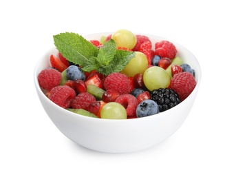 Photo of Fresh tasty fruit salad on white background