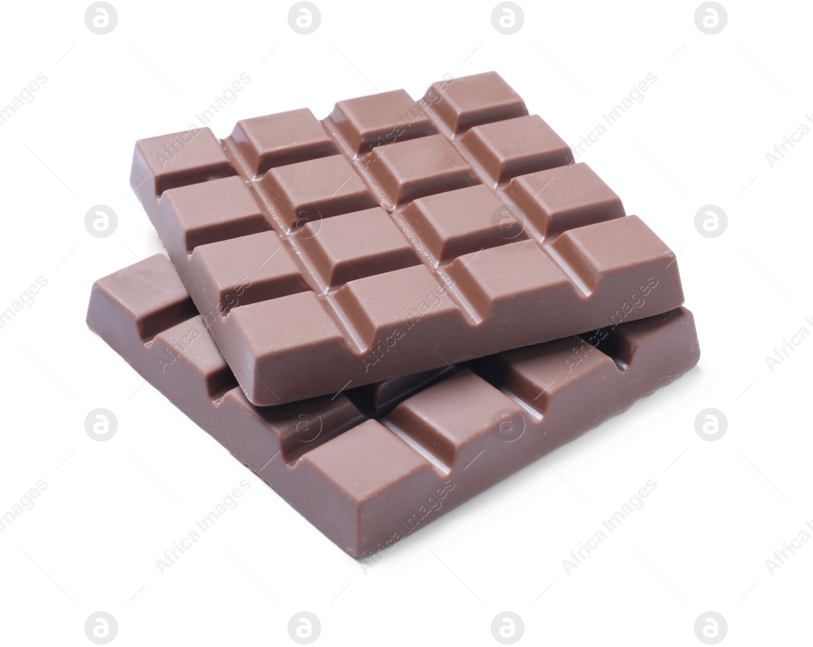 Photo of Delicious milk chocolate bars isolated on white