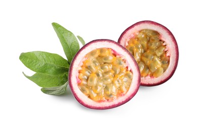Photo of Cut ripe passion fruit with leaf isolated on white