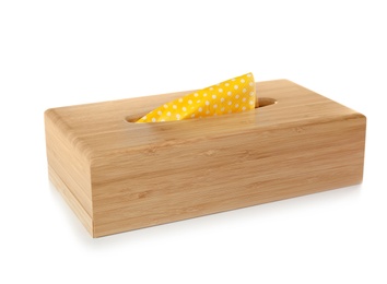 Wooden napkin holder with paper serviettes on white background