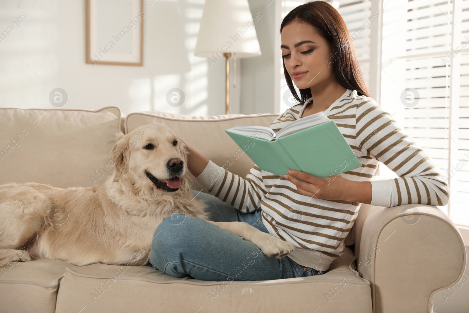 Photo of Young woman with book and her Golden Retriever on sofa at home. Adorable pet