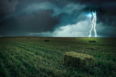 Image of Beautiful thunderstorm over green field. Lightning striking from dark cloudy sky