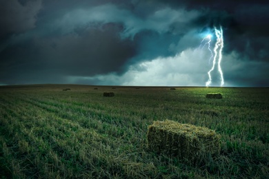 Beautiful thunderstorm over green field. Lightning striking from dark cloudy sky