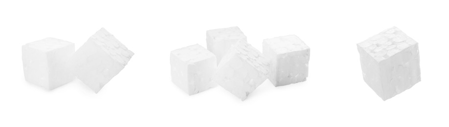 Image of Set with styrofoam cubes on white background. Banner design