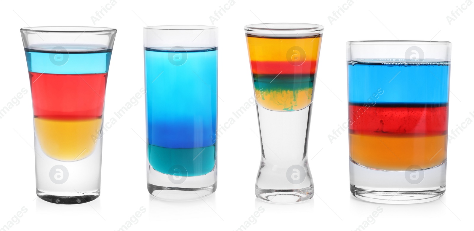 Image of Different shooters in shot glasses isolated on white, set