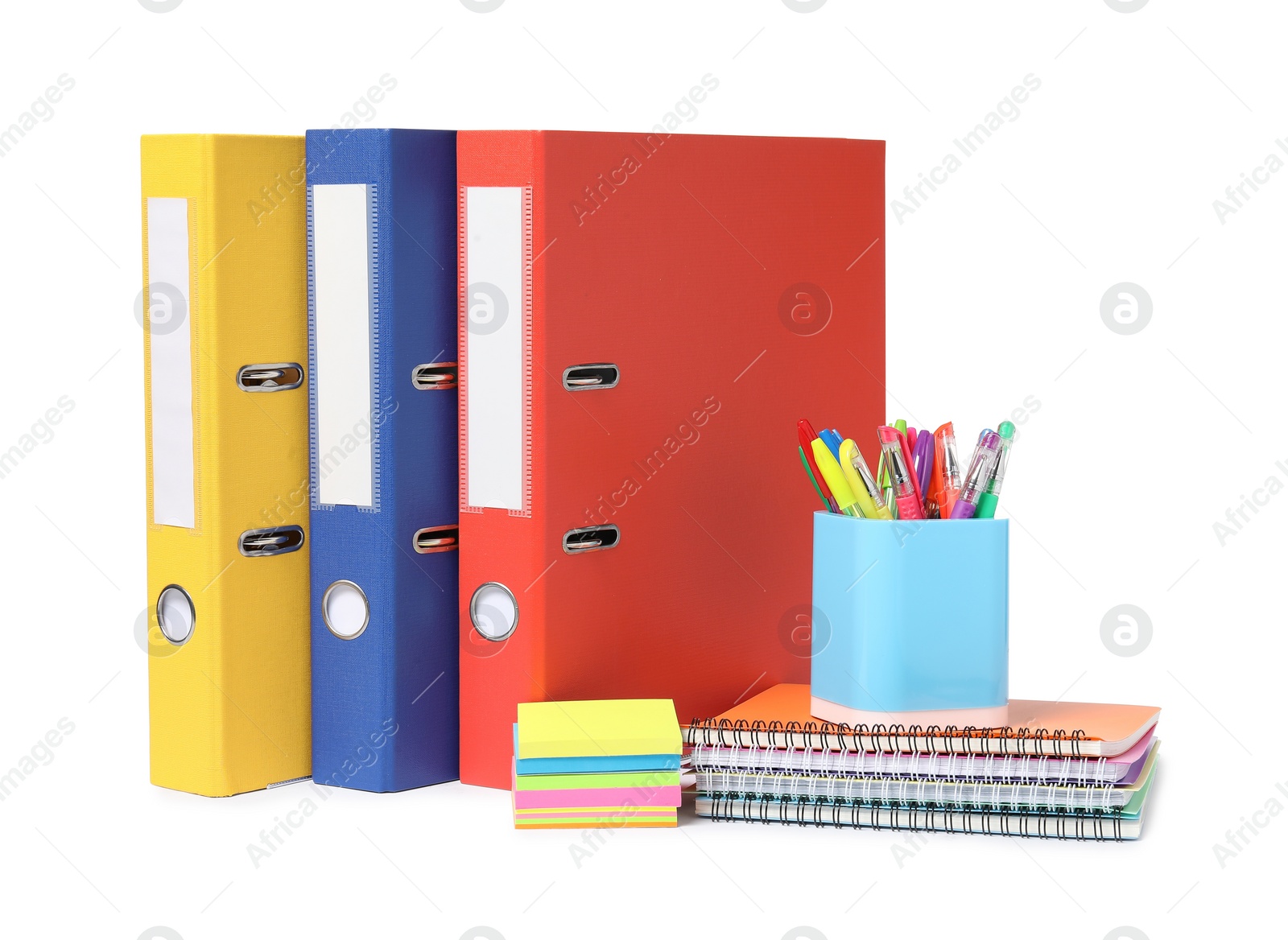 Photo of Bright office folders and different stationery isolated on white