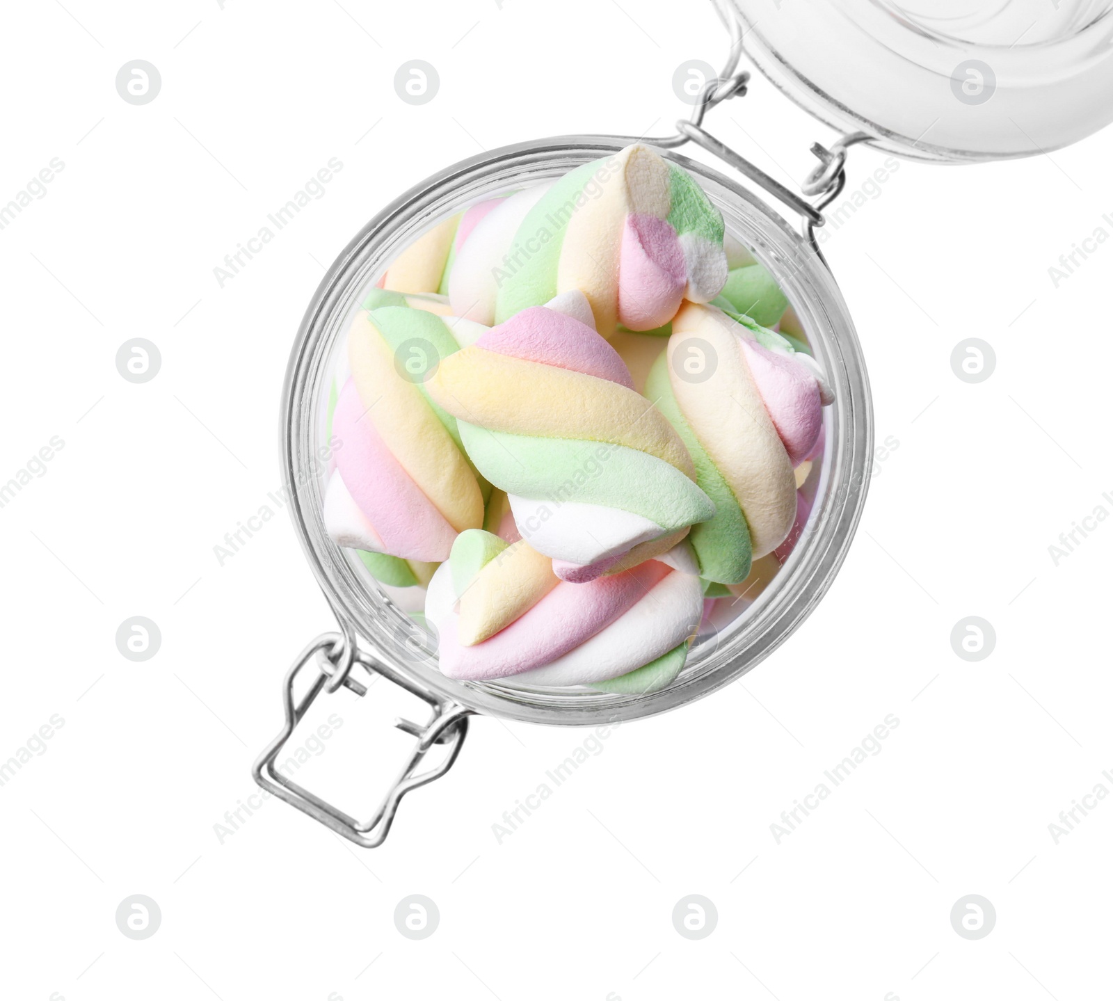 Photo of Glass jar of delicious colorful marshmallows isolated on white, top view