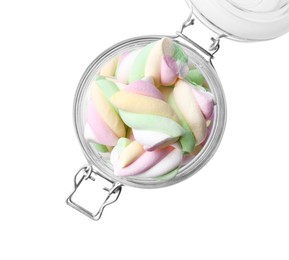 Photo of Glass jar of delicious colorful marshmallows isolated on white, top view