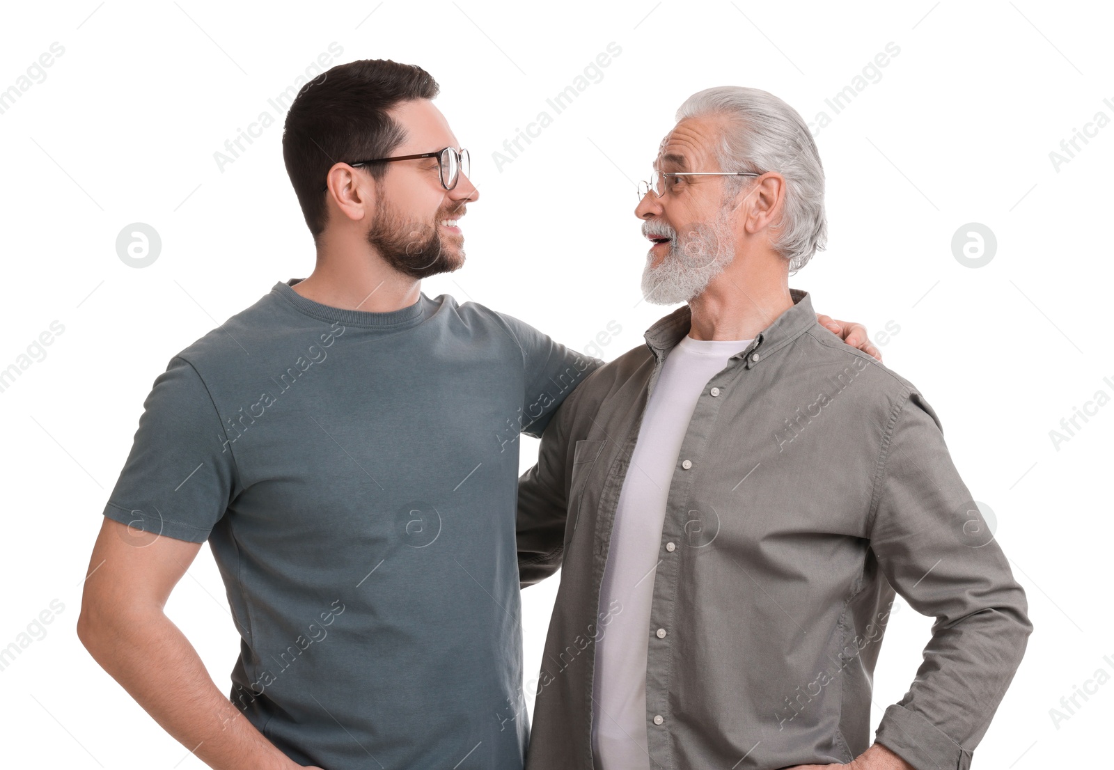 Photo of Happy son and his dad on white background