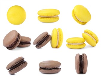 Image of Set with different delicious macarons on white background