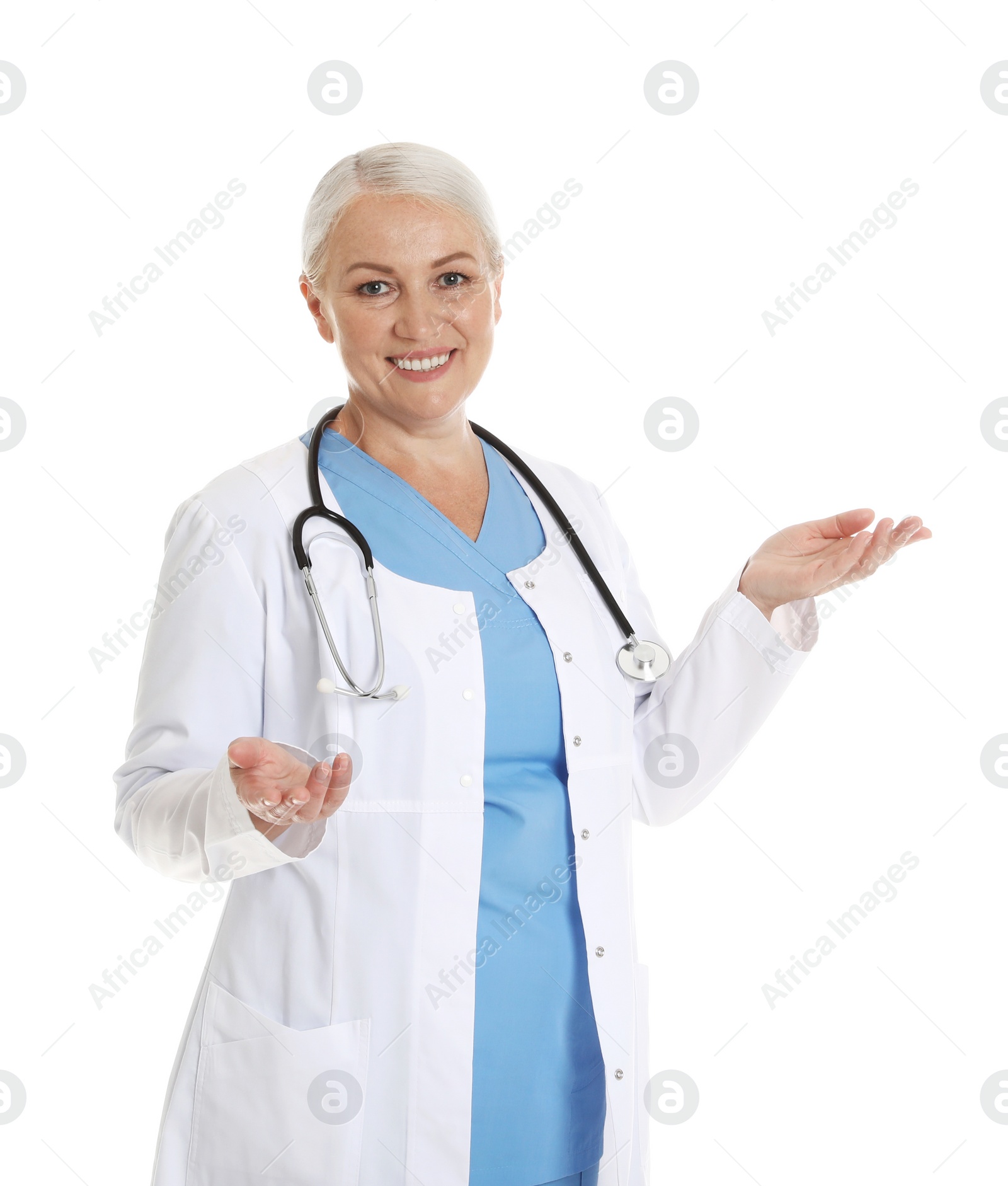 Photo of Portrait of female doctor isolated on white. Medical staff