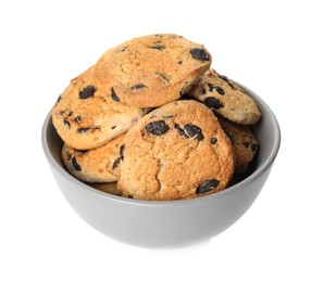 Photo of Delicious chocolate chip cookies in bowl isolated on white