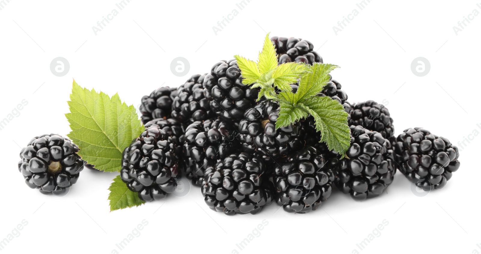 Photo of Tasty ripe blackberries and leaves on white background