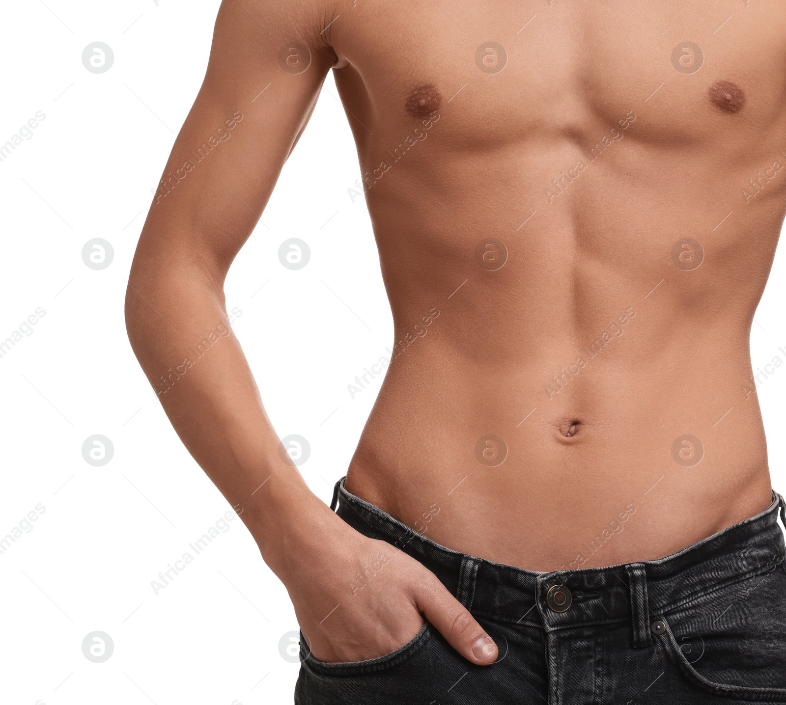 Photo of Shirtless man with slim body isolated on white, closeup