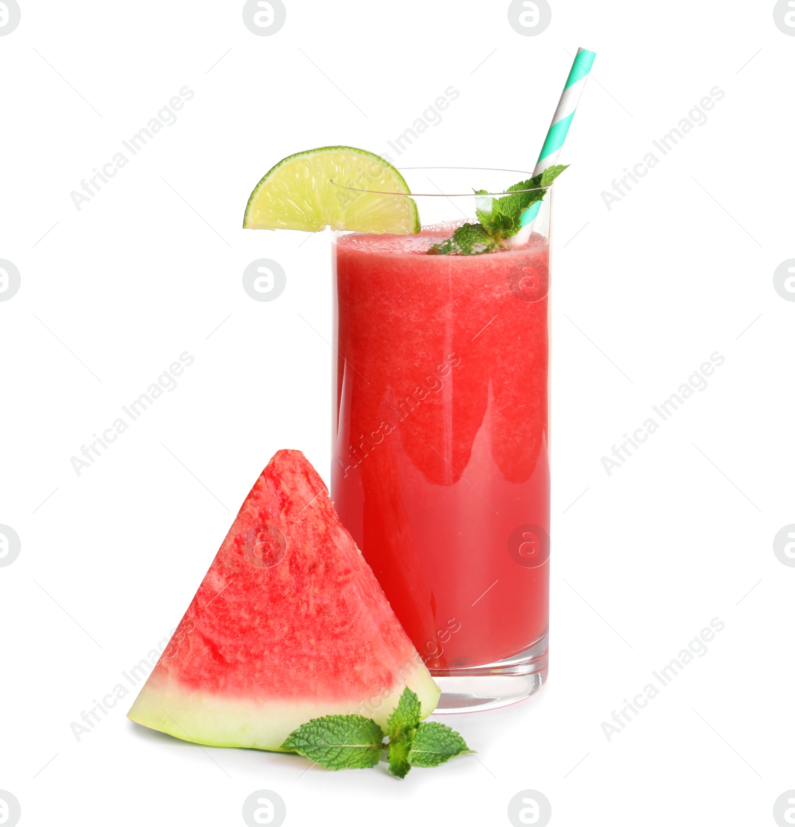 Photo of Tasty summer watermelon drink in glass and slice of fresh fruit on white background