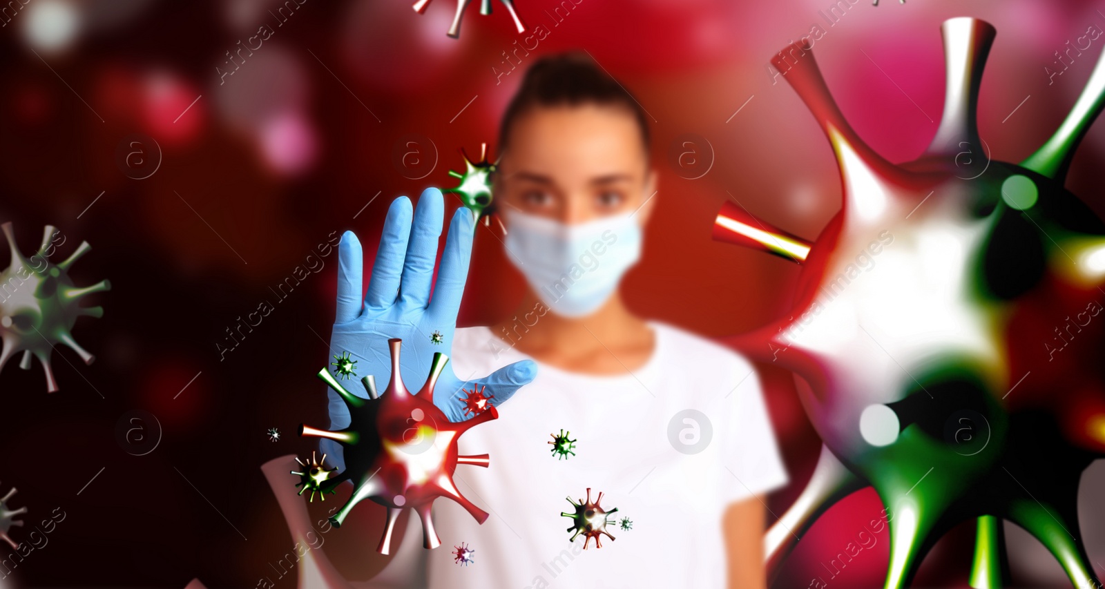 Image of Be healthy - boost your immunity. Doctor in protective mask showing stop gesture to viruses, focus on hand